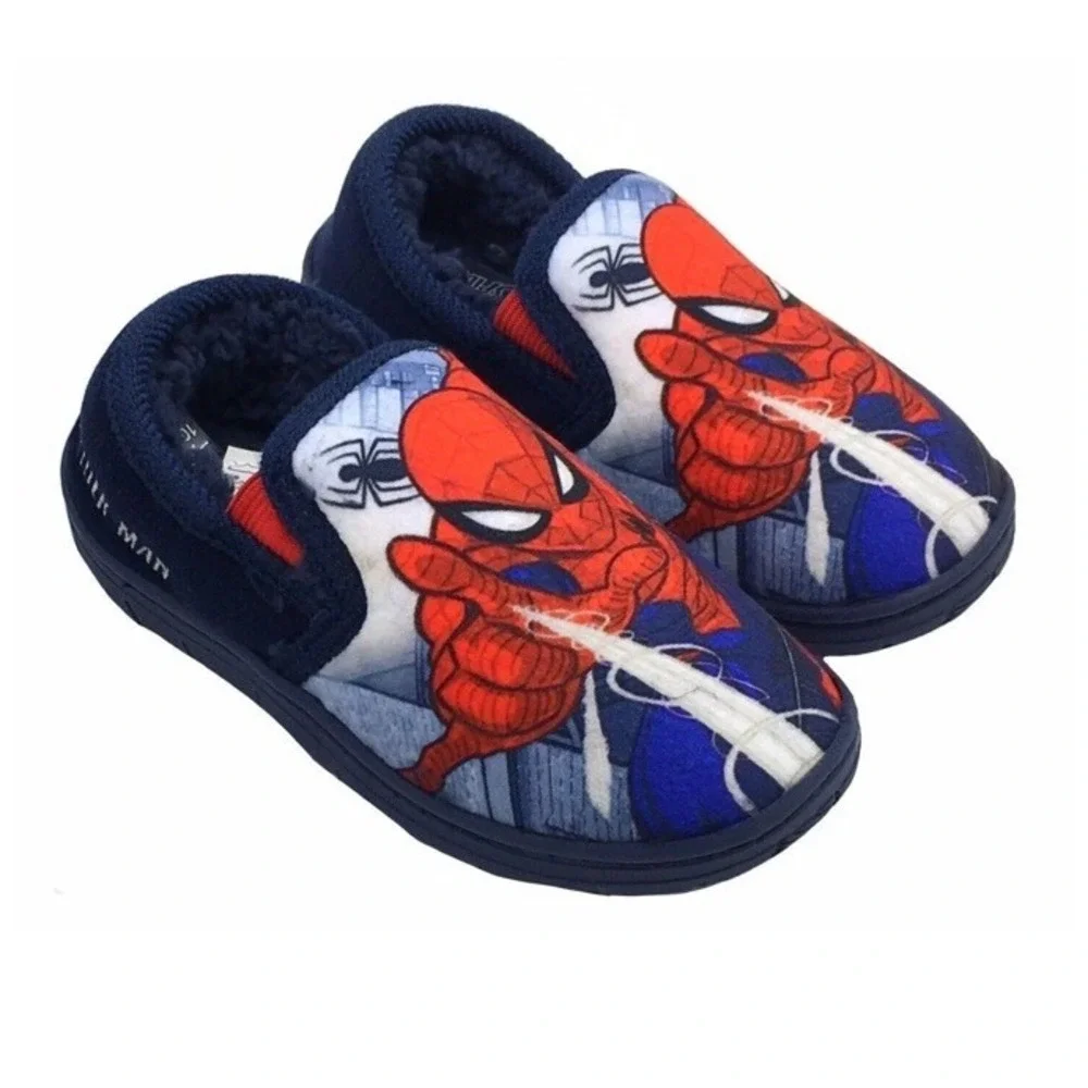 Boys Spiderman Slippers Marvel‎ Slip On Kids Size 8 Fleece Insole Navy Spidey